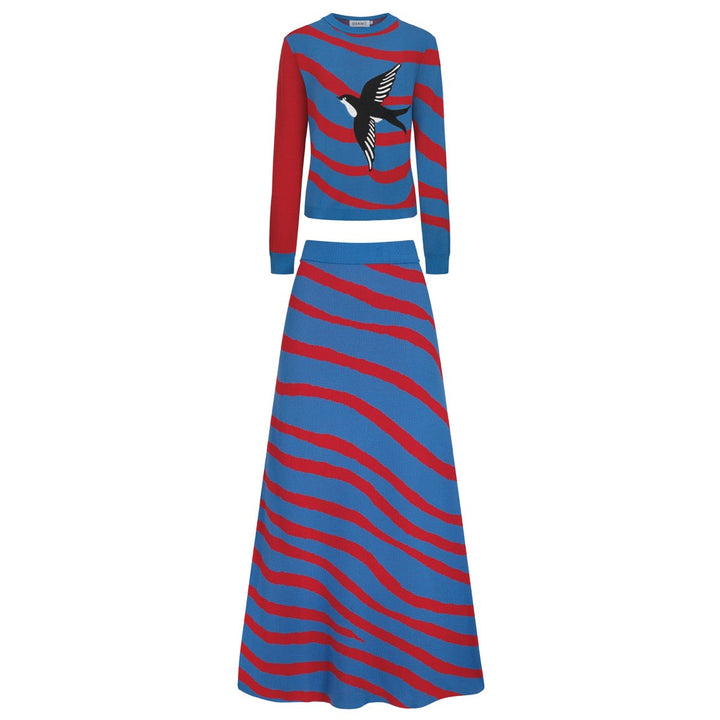 Stribet jakkesæt med broderet svaletop nederdel til kvinder