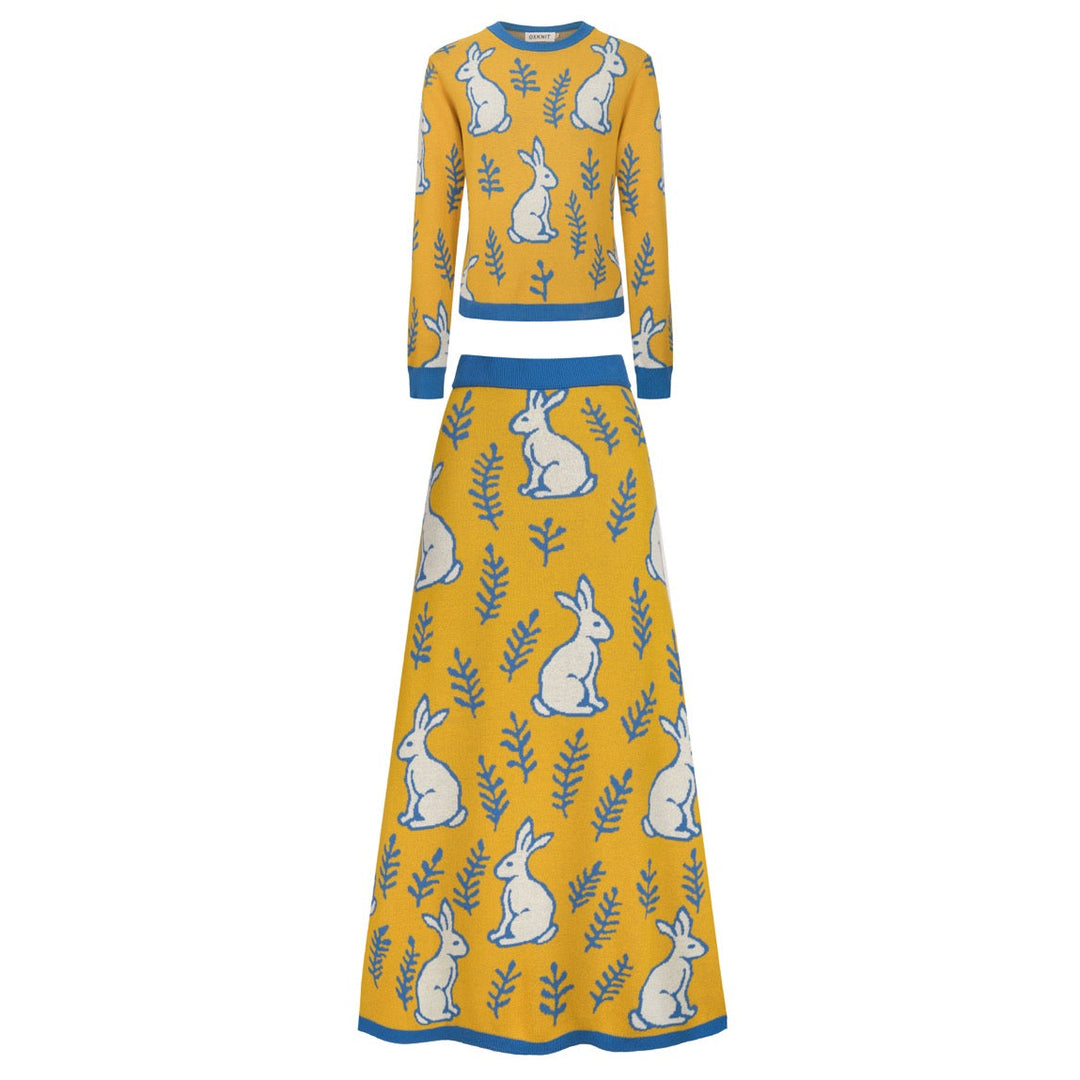 Women's Yellow rabbit plant knitted dress knitted set, Yellow / L Women's Yellow rabbit plant knitted dress knitted set, Yellow / L