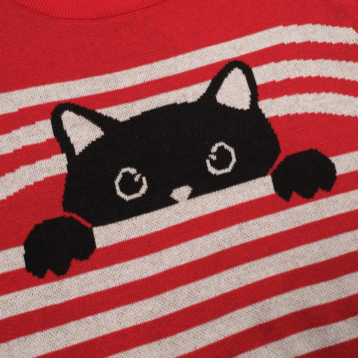 Women's red cat striped animal top skirt knit suit