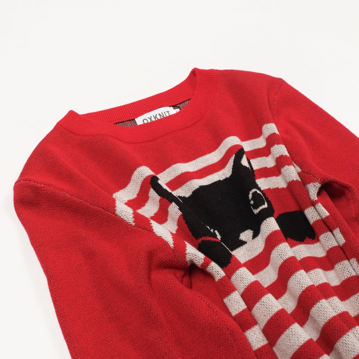 Women's red cat striped animal top skirt knit suit