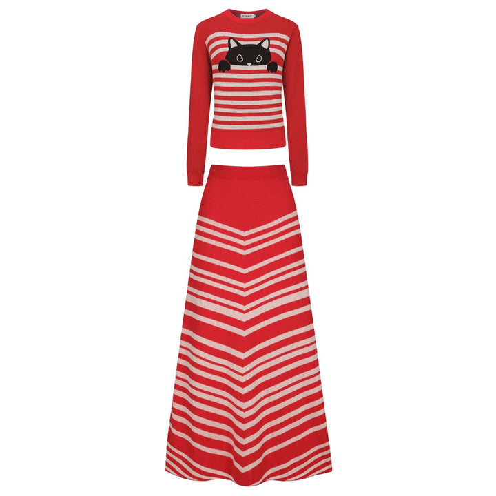 Women's red cat striped animal top skirt knit suit