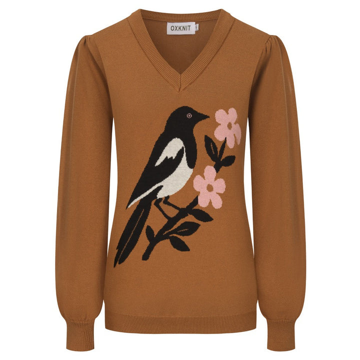 Jersey mujer urraca marrón escote pico manga abullonada