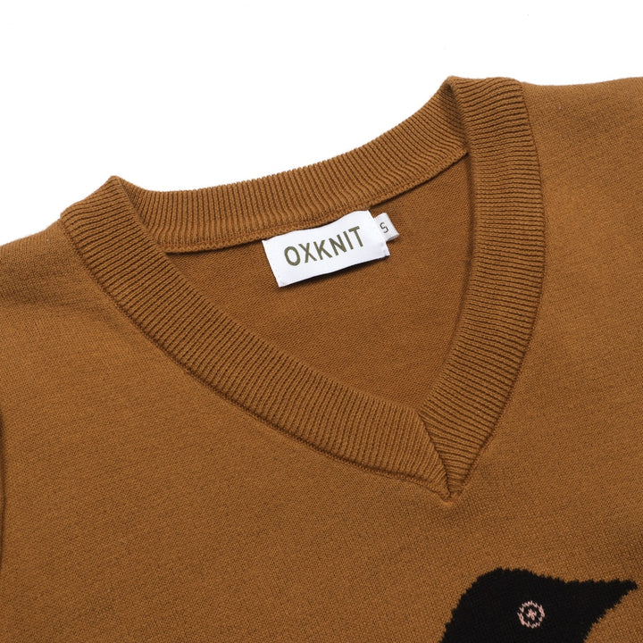 Jersey mujer urraca marrón escote pico manga abullonada