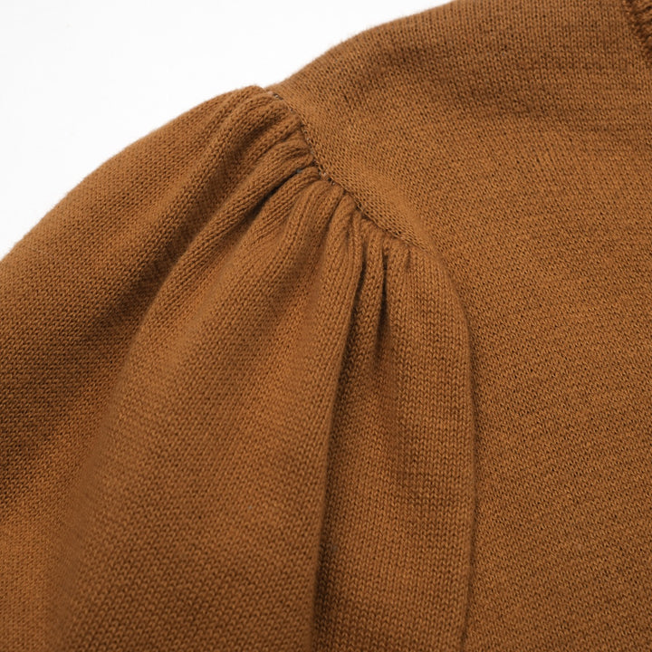 Jersey mujer urraca marrón escote pico manga abullonada