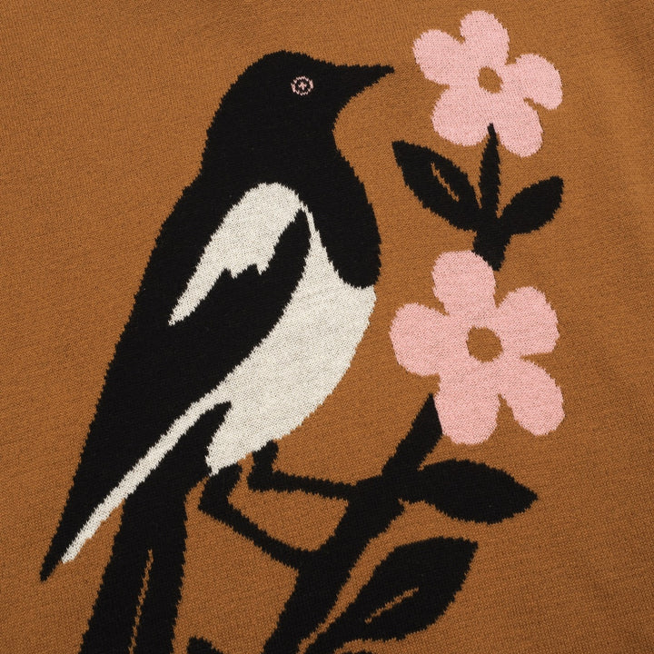 Jersey mujer urraca marrón escote pico manga abullonada