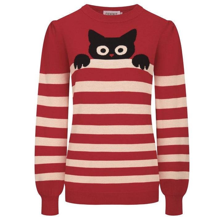 Jersey de mujer con manga abullonada y gato a rayas rojas