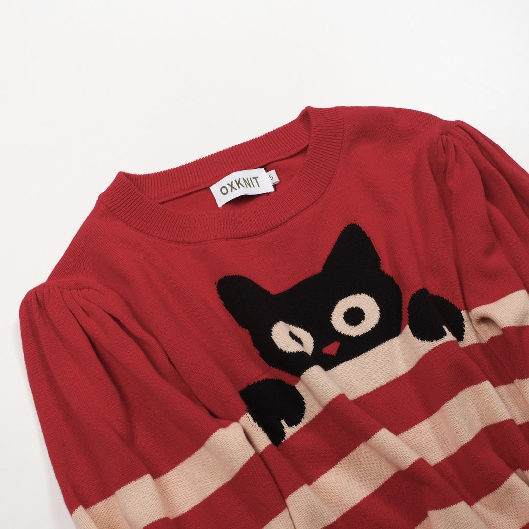 Jersey de mujer con manga abullonada y gato a rayas rojas