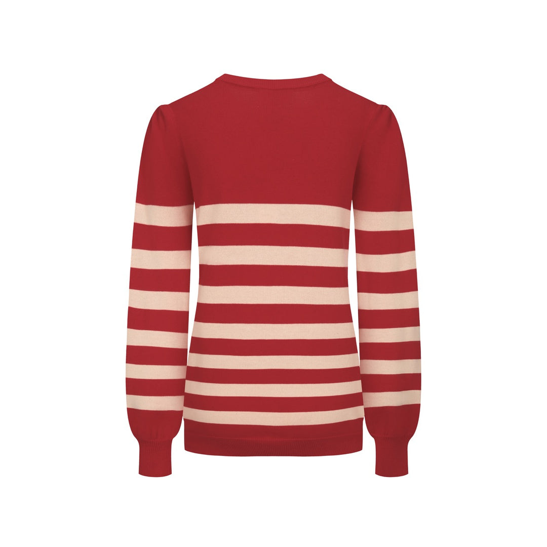 Jersey de mujer con manga abullonada y gato a rayas rojas