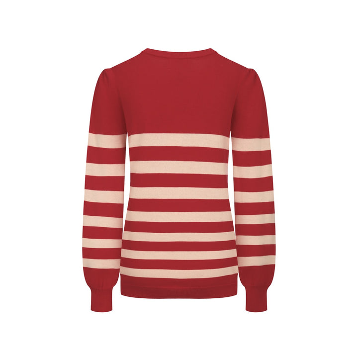 Jersey de mujer con manga abullonada y gato a rayas rojas