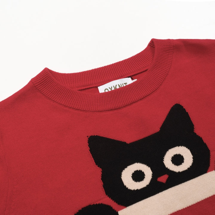 Jersey de mujer con manga abullonada y gato a rayas rojas