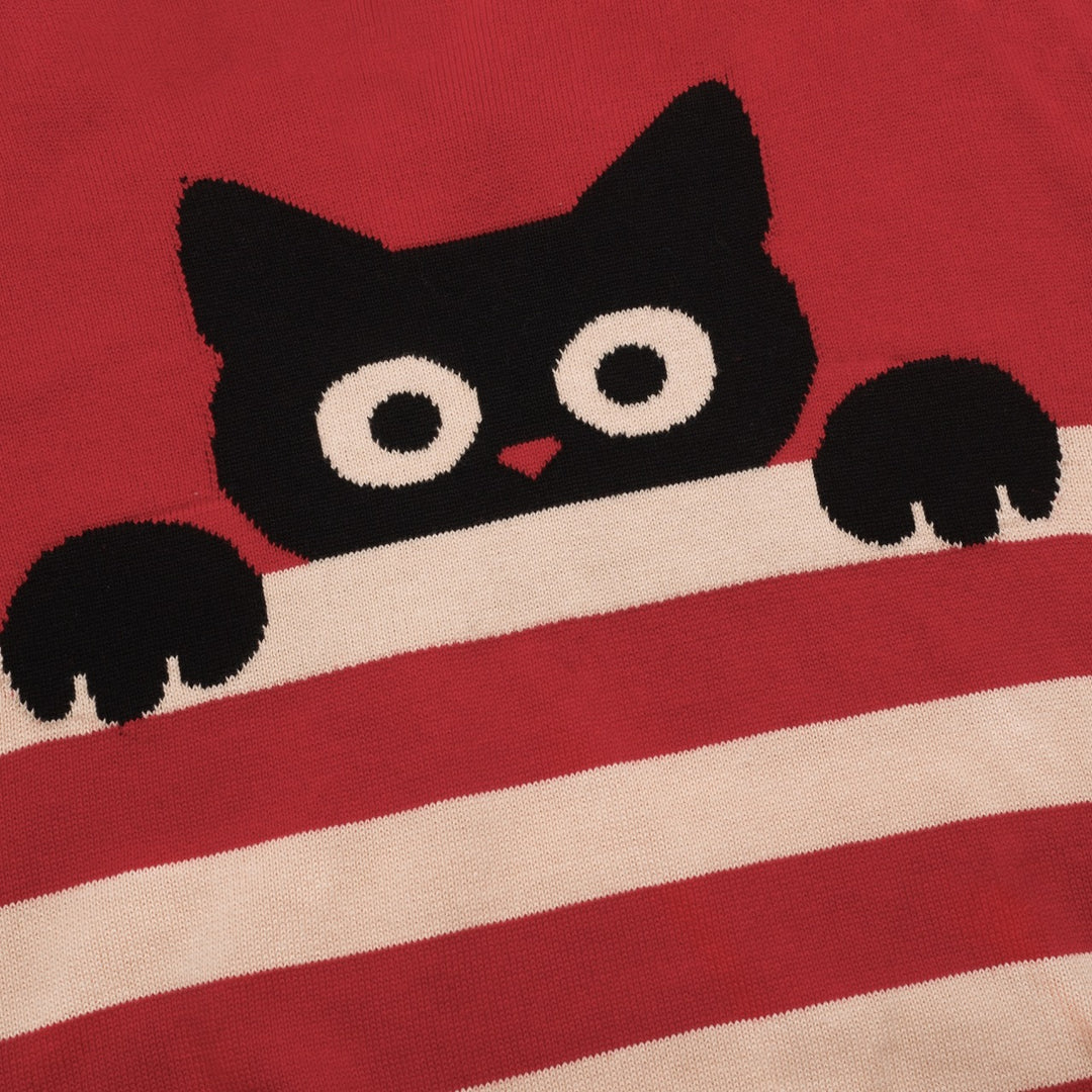 Jersey de mujer con manga abullonada y gato a rayas rojas