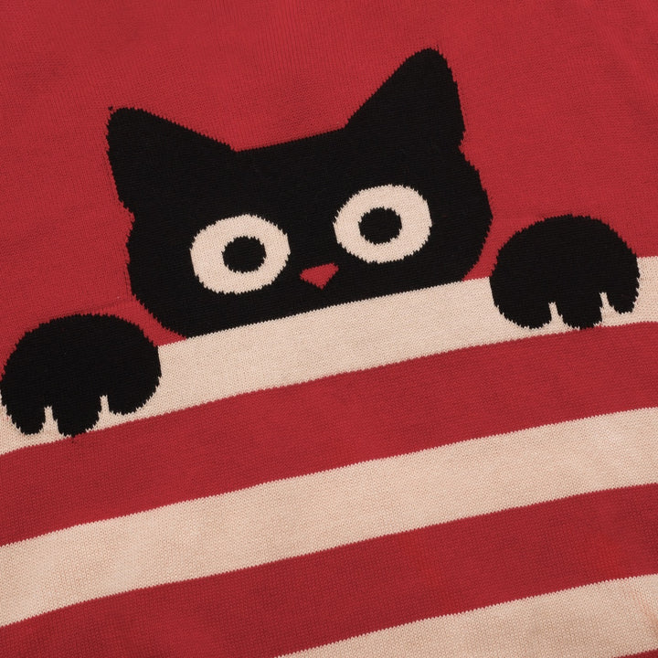 Jersey de mujer con manga abullonada y gato a rayas rojas