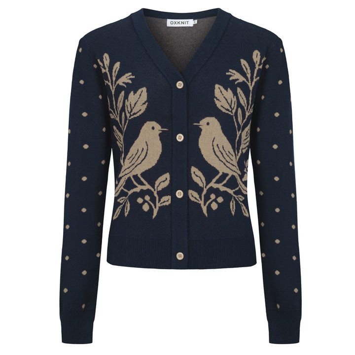 Kvinders mørkeblå magpie plante jacquard cardigan - Cropped Length