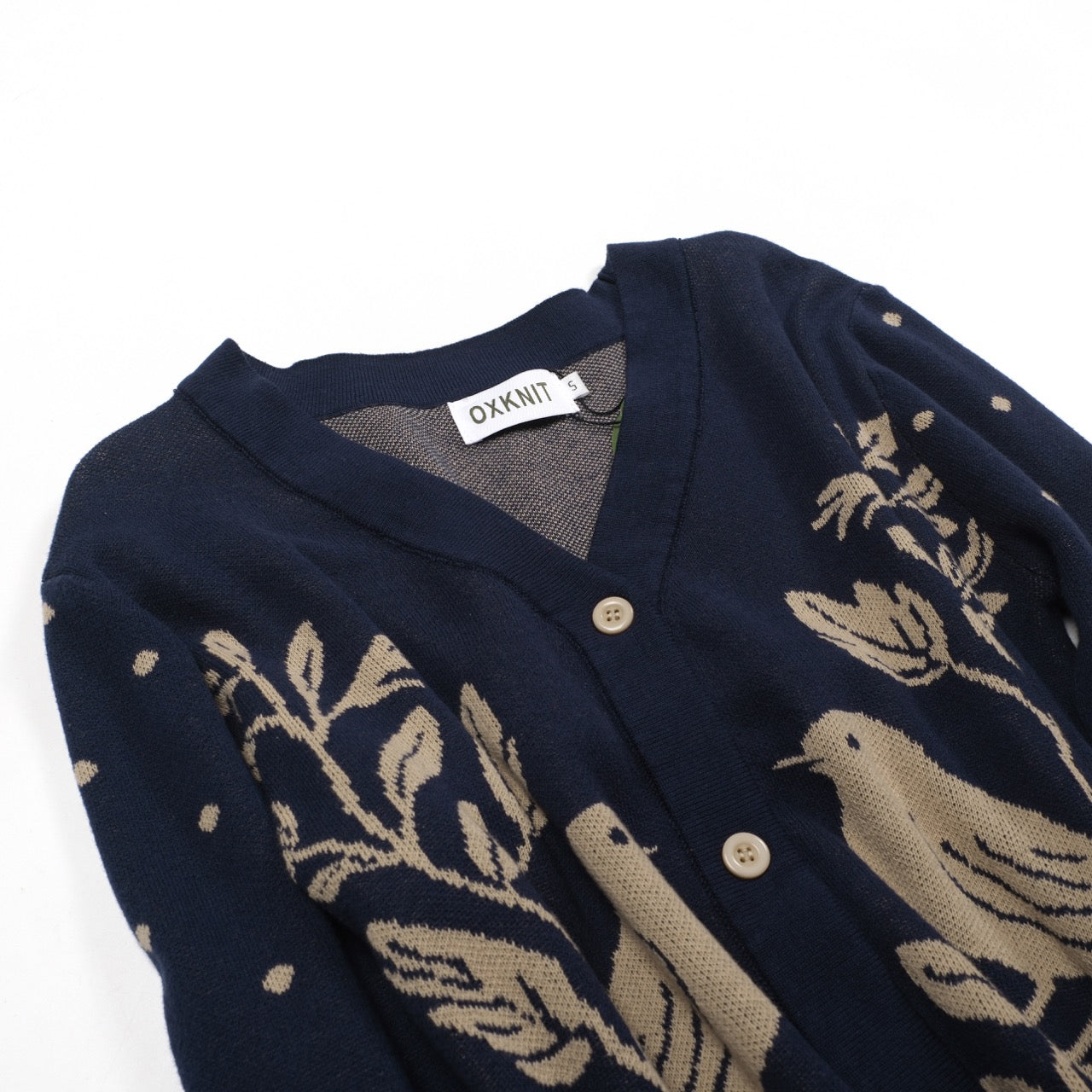 Women's dark blue magpie plant jacquard cardigan - Cropped Length