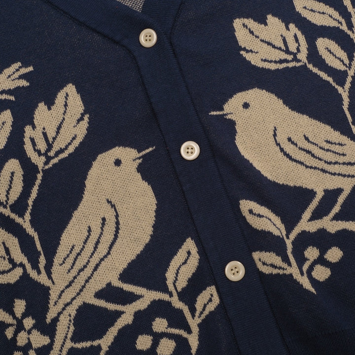 Kvinders mørkeblå magpie plante jacquard cardigan - Cropped Length