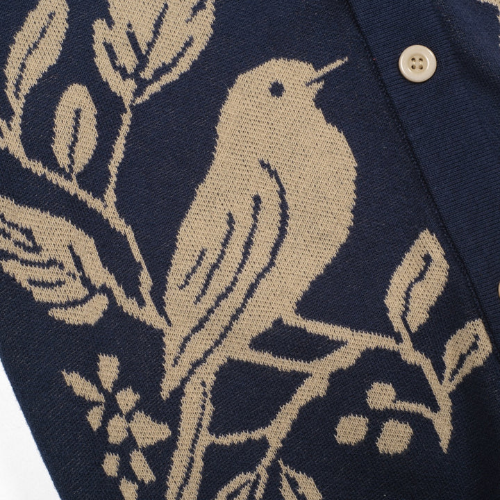 Kvinders mørkeblå magpie plante jacquard cardigan - Cropped Length