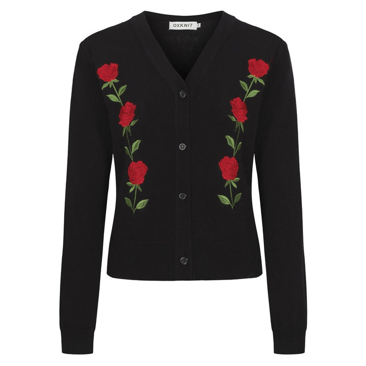 Brodert strikket cardigan med svart rose for kvinner - Cropped Length
