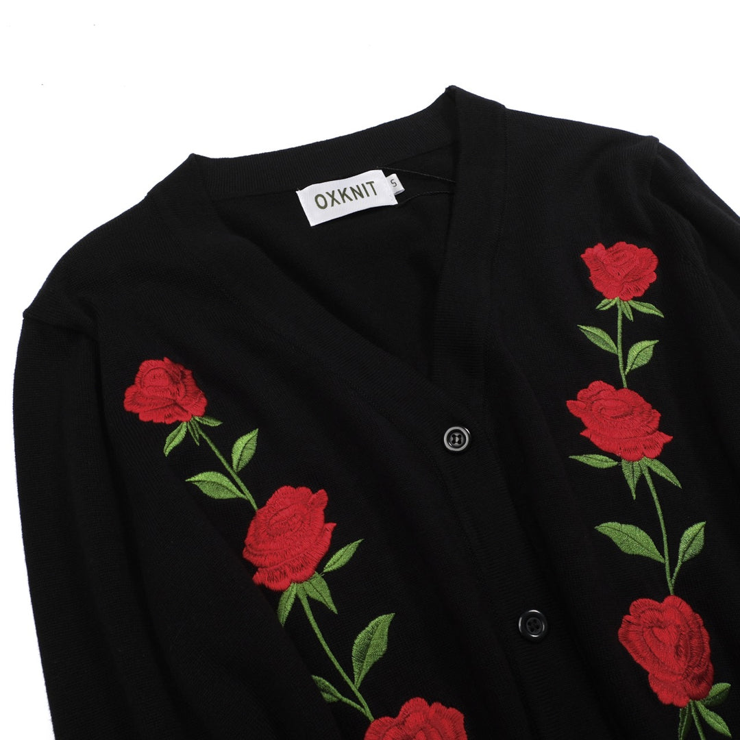 Brodert strikket cardigan med svart rose for kvinner - Cropped Length