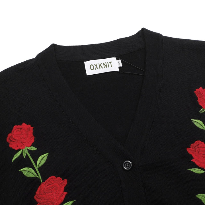Brodert strikket cardigan med svart rose for kvinner - Cropped Length