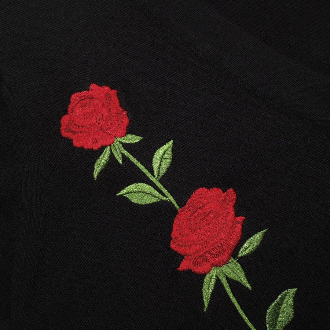 Brodert strikket cardigan med svart rose for kvinner - Cropped Length