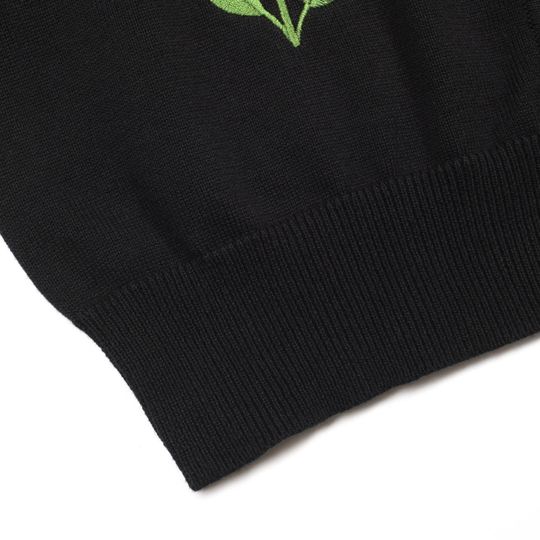 Brodert strikket cardigan med svart rose for kvinner - Cropped Length