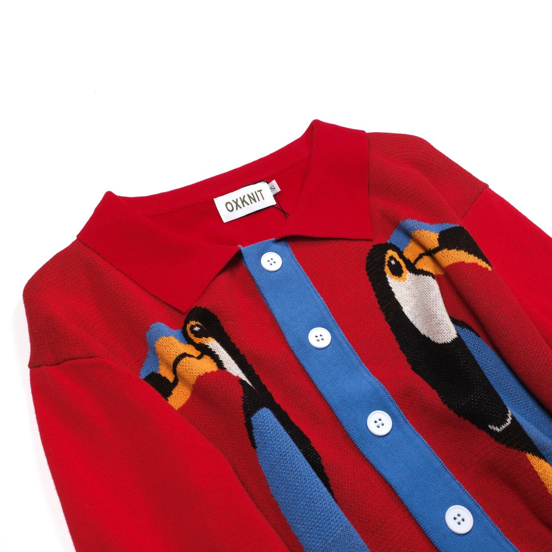 Men's red art Bird vintage jacquard cardigan