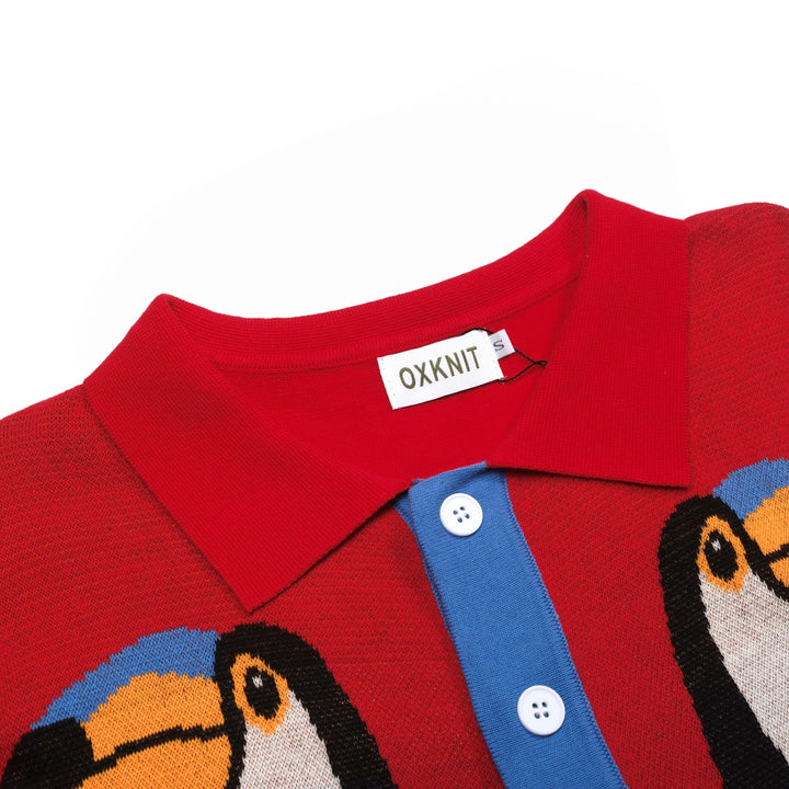 Men's red art Bird vintage jacquard cardigan