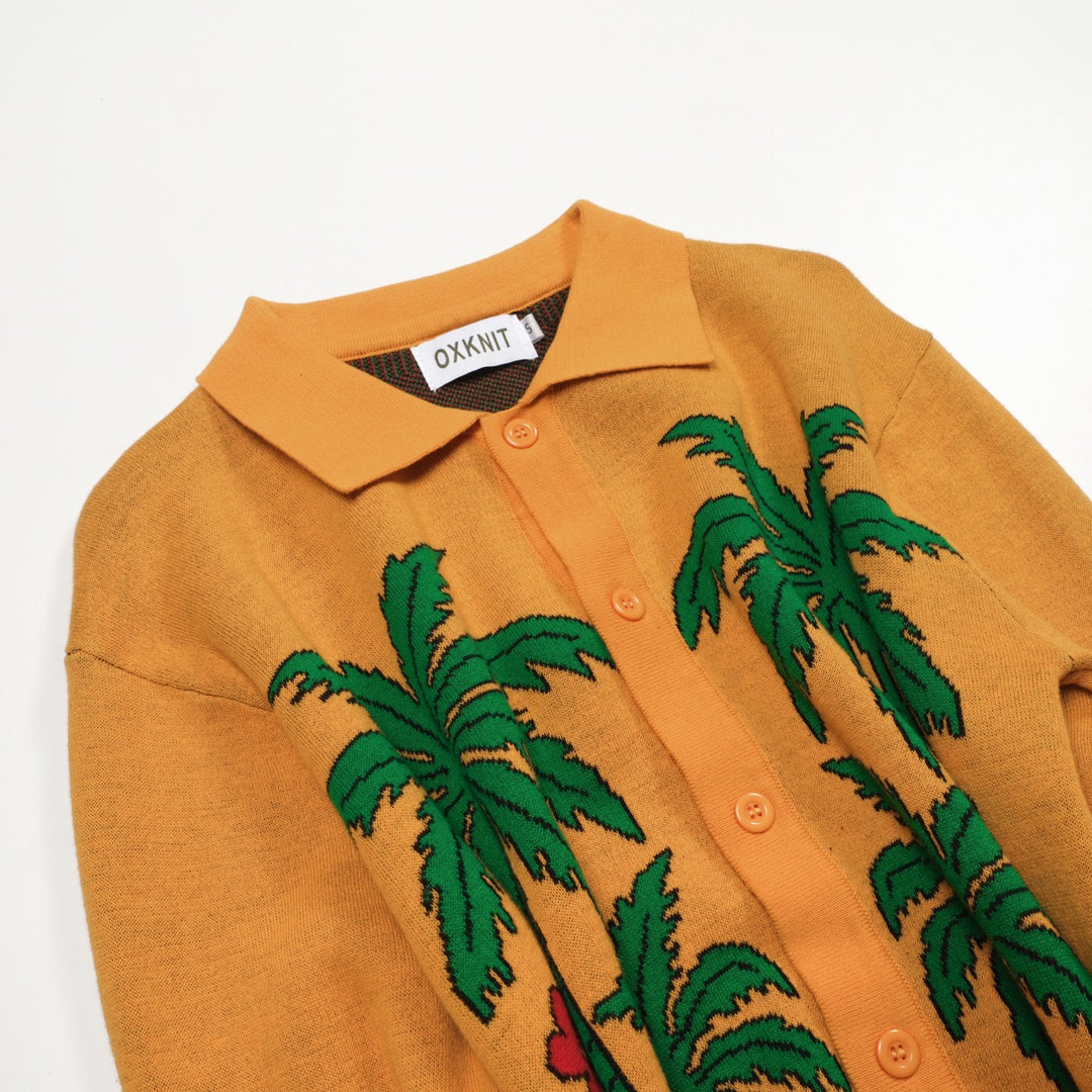 Men's yellow tiger Plant jacquard vintage knit cardigan