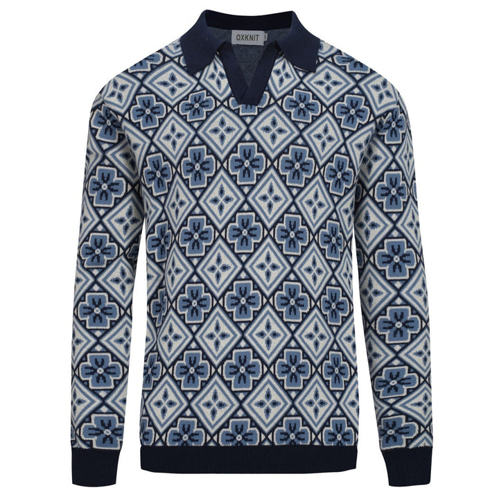 Donkerblauwe gebreide herenpolo met V-hals uit de jaren 60