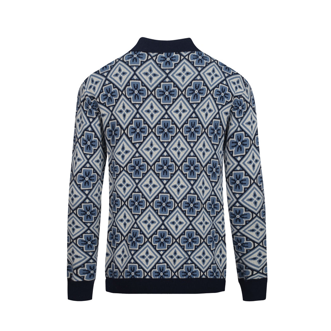 Donkerblauwe gebreide herenpolo met V-hals uit de jaren 60