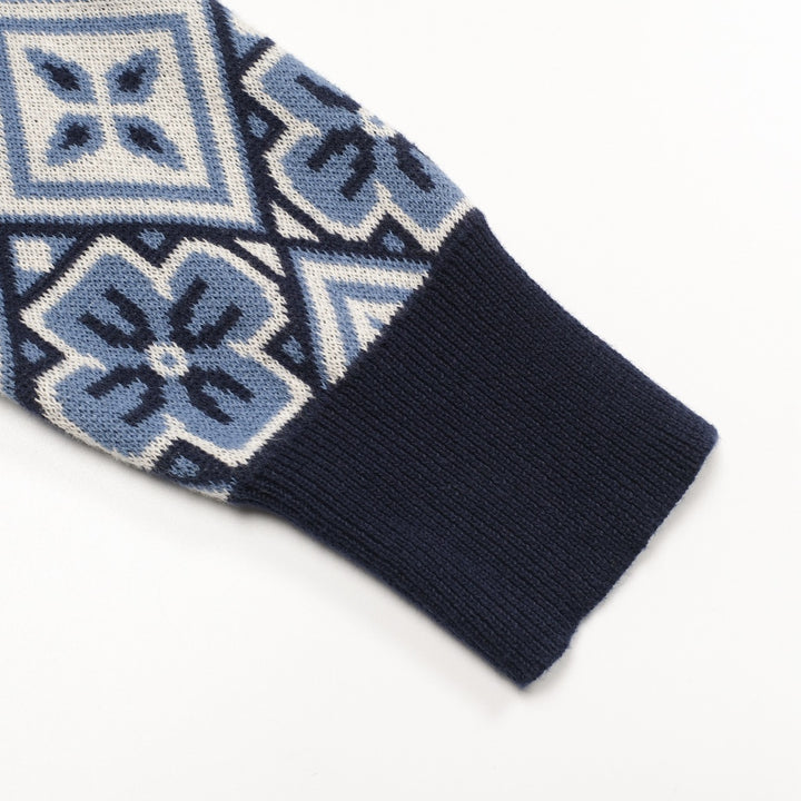 Donkerblauwe gebreide herenpolo met V-hals uit de jaren 60