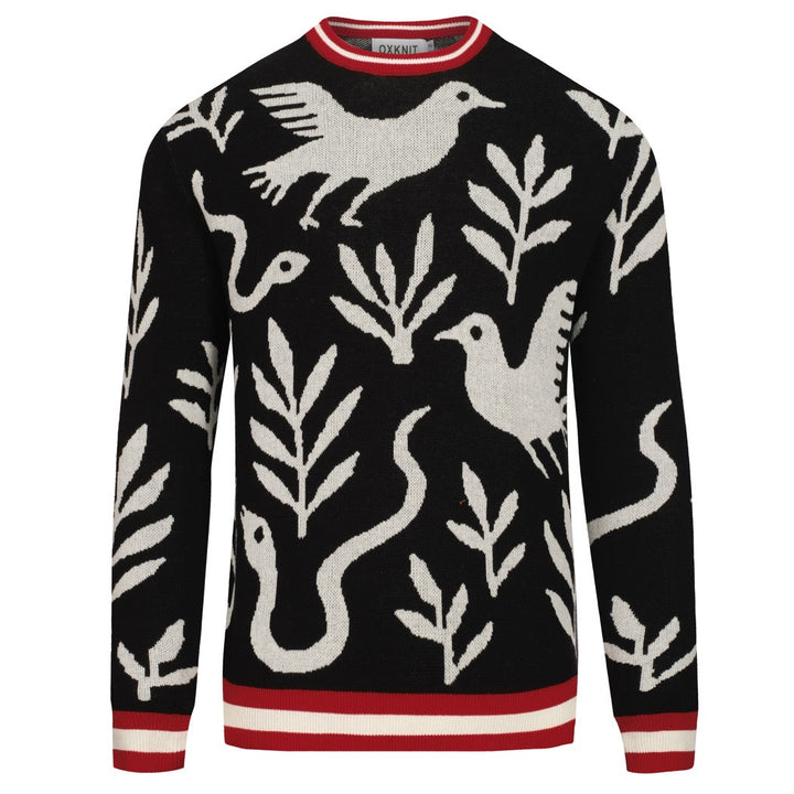 Herre sort dyre- og plante-jacquardstrik