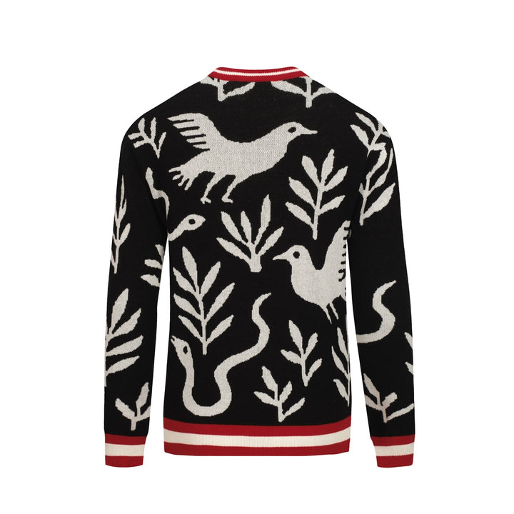 Herre sort dyre- og plante-jacquardstrik