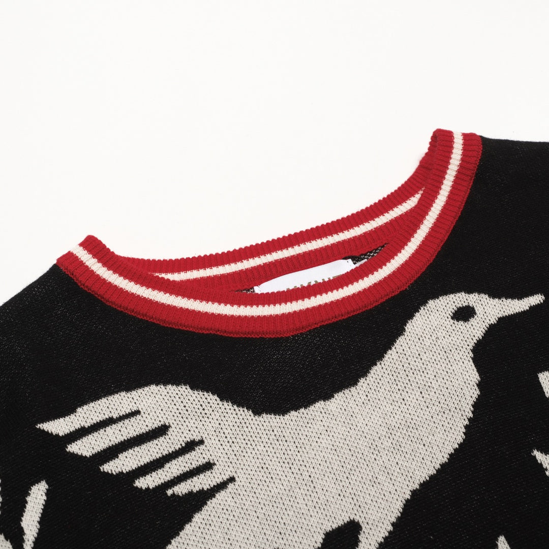 Herre sort dyre- og plante-jacquardstrik