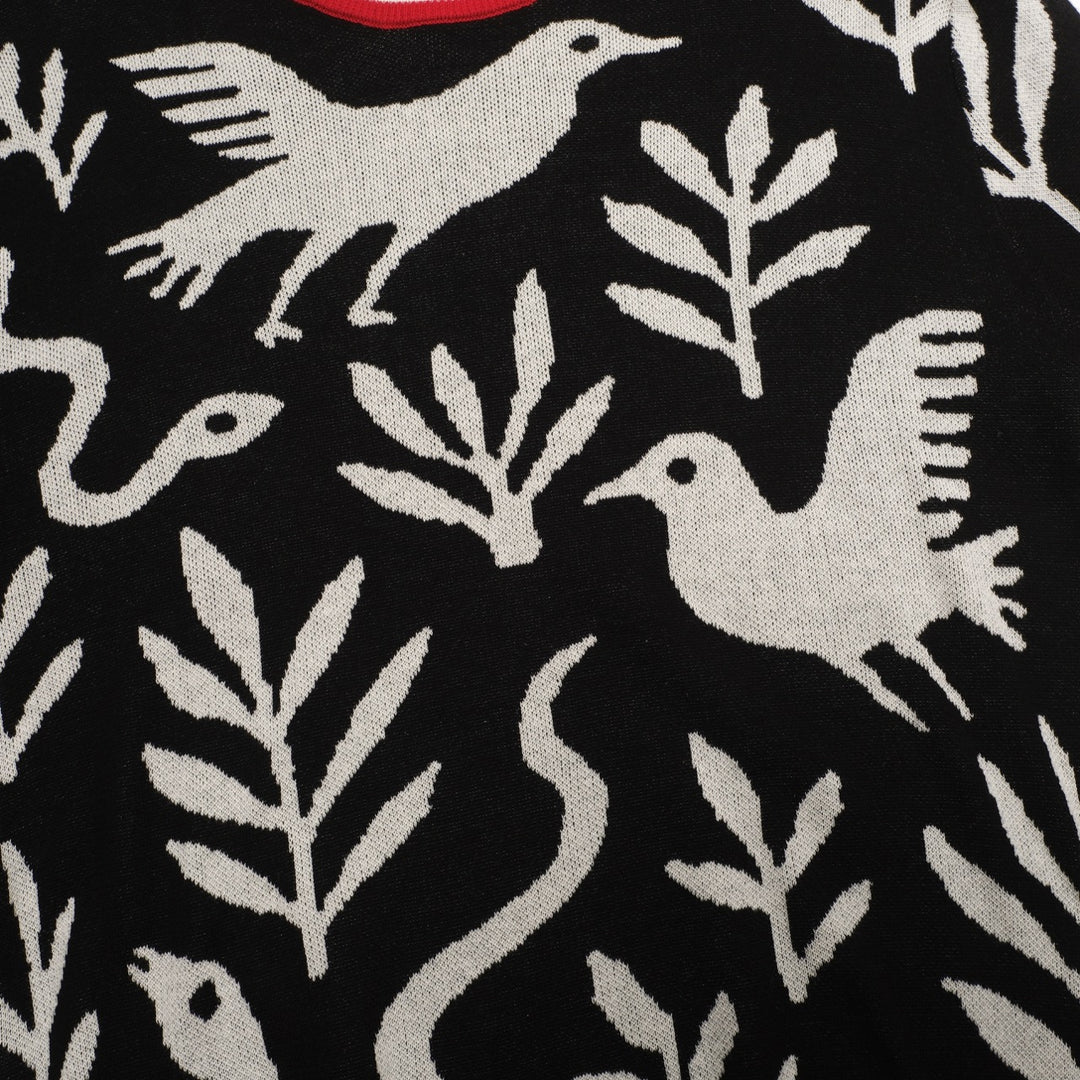 Herre sort dyre- og plante-jacquardstrik