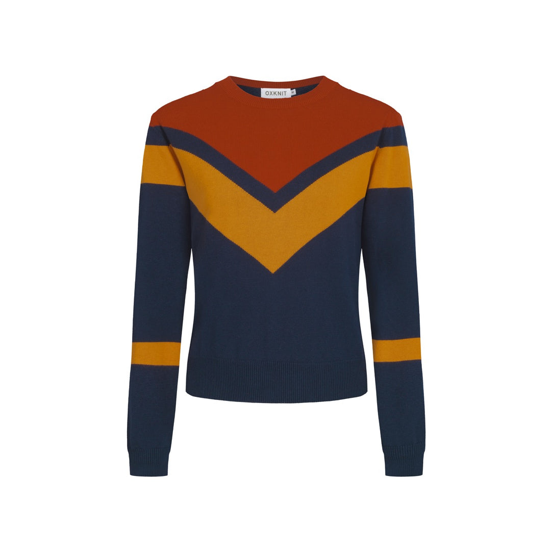 Terno feminino com saia de malha listrada azul escuro