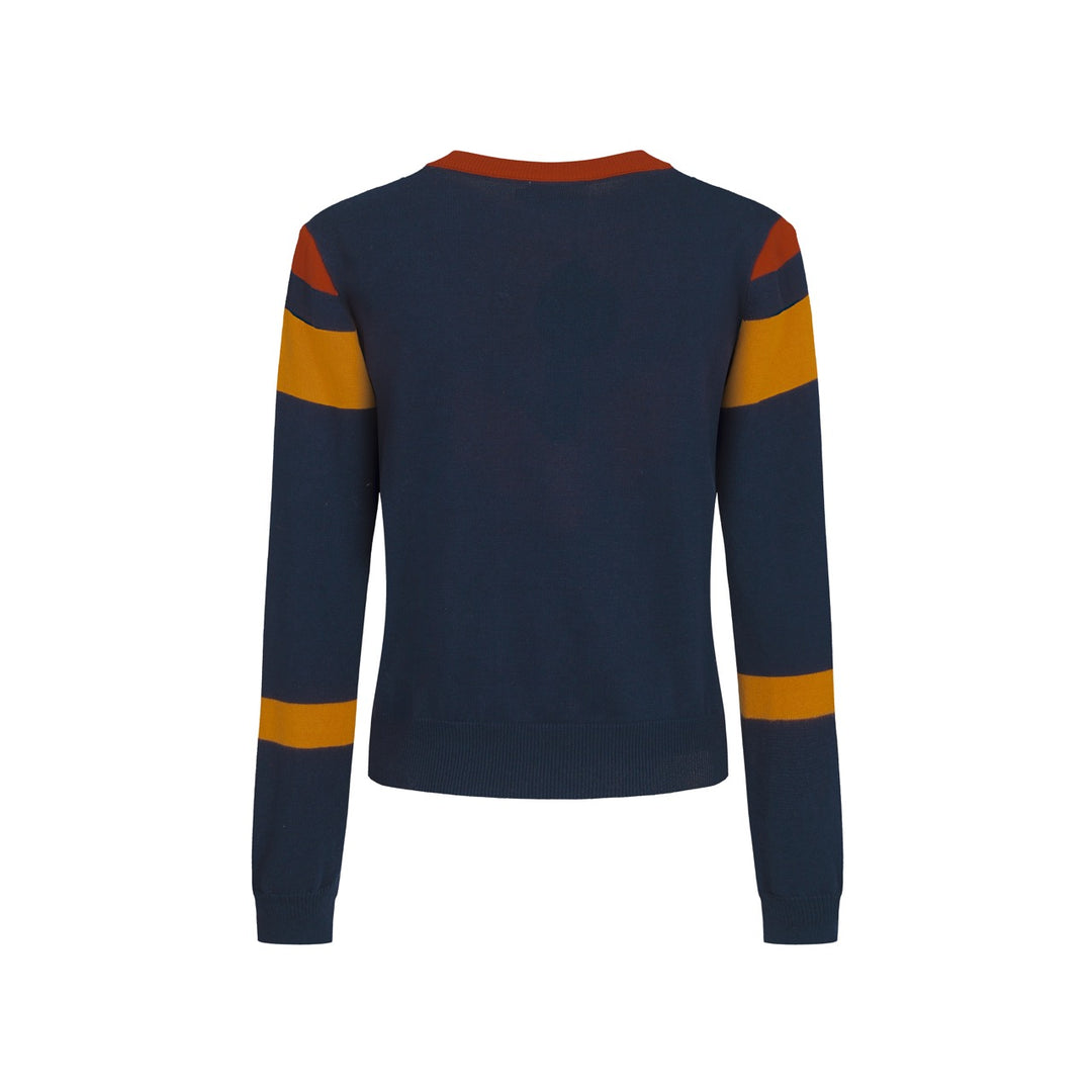 Terno feminino com saia de malha listrada azul escuro