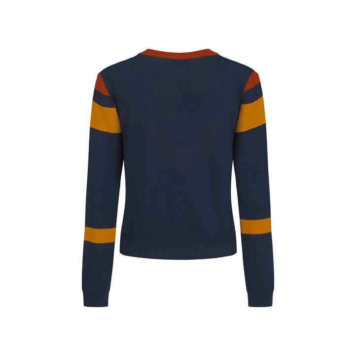 Terno feminino com saia de malha listrada azul escuro