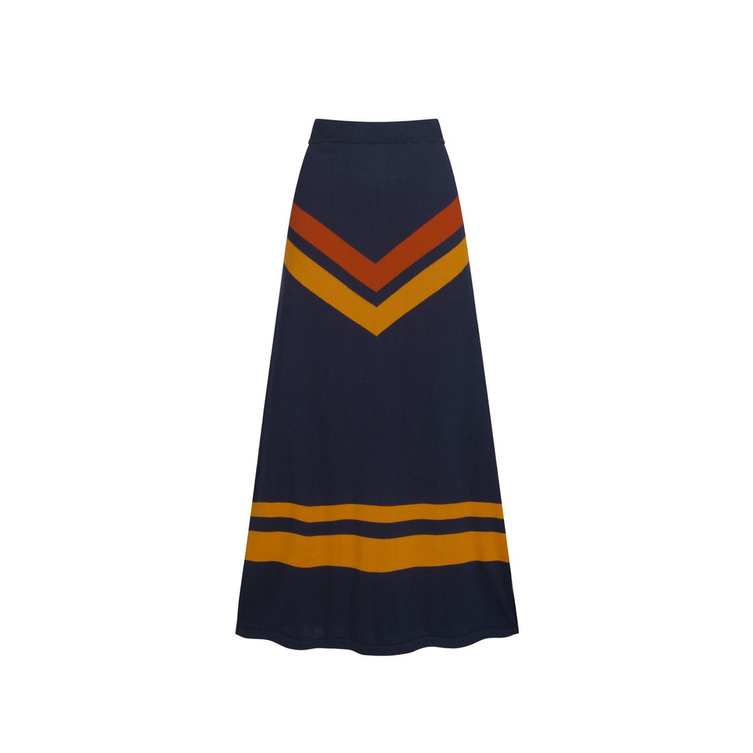 Terno feminino com saia de malha listrada azul escuro