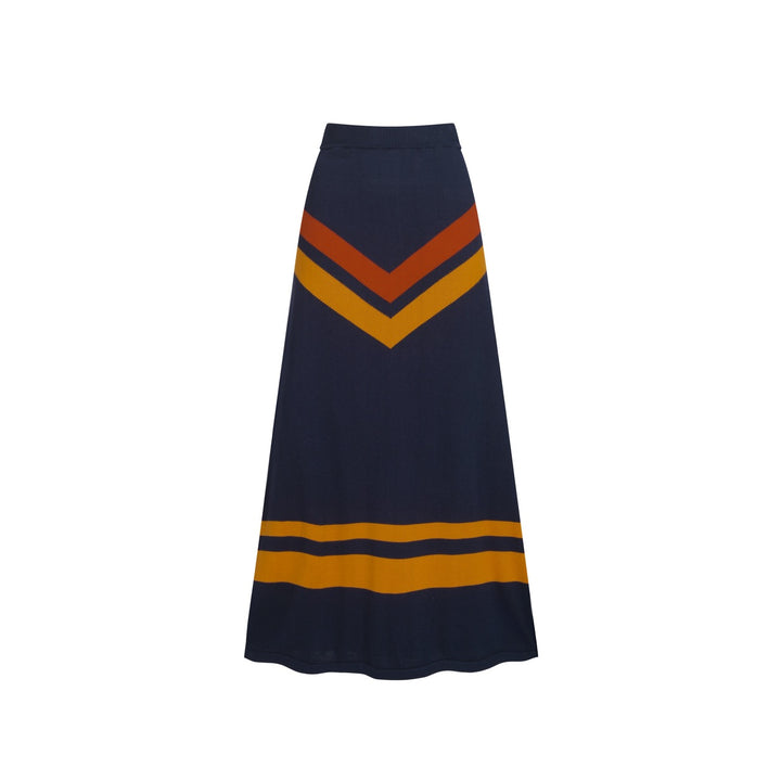 Terno feminino com saia de malha listrada azul escuro