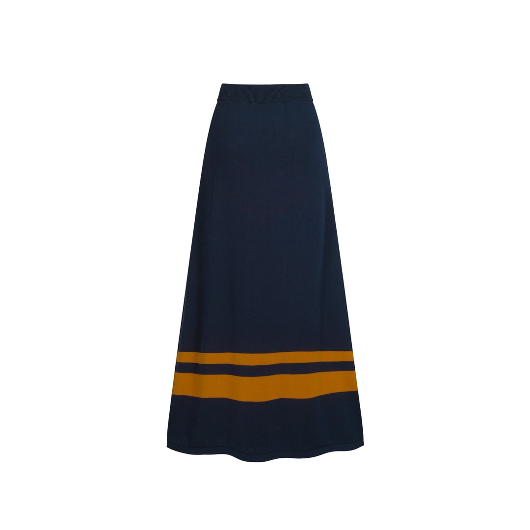 Terno feminino com saia de malha listrada azul escuro