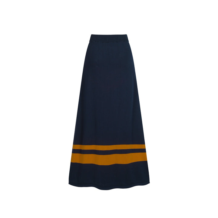 Terno feminino com saia de malha listrada azul escuro