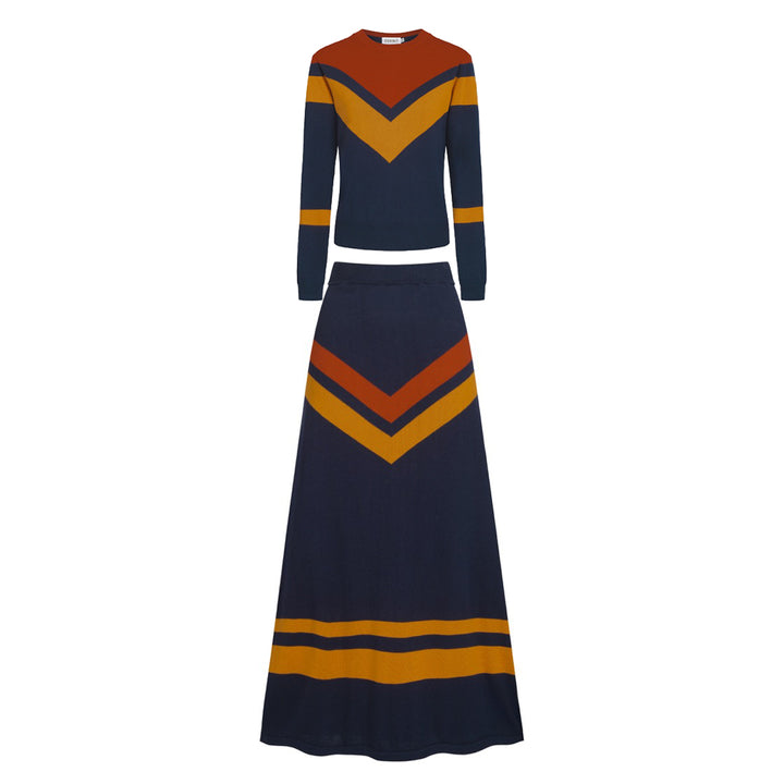 Terno feminino com saia de malha listrada azul escuro