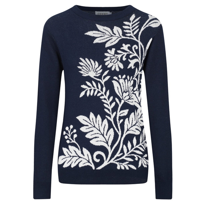 Mørkeblå blomster klassisk retro kunst jacquard strikkevarer for kvinner