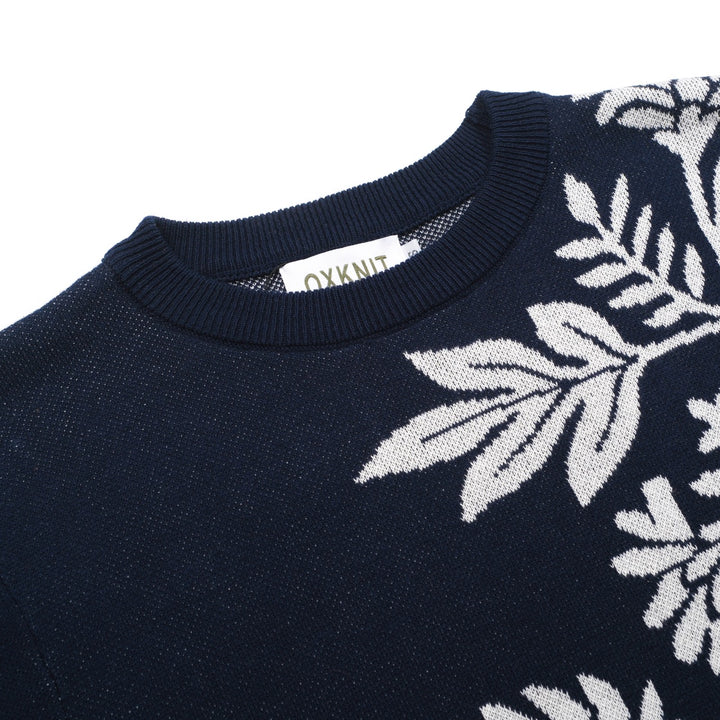 Mørkeblå blomster klassisk retro kunst jacquard strikkevarer for kvinner