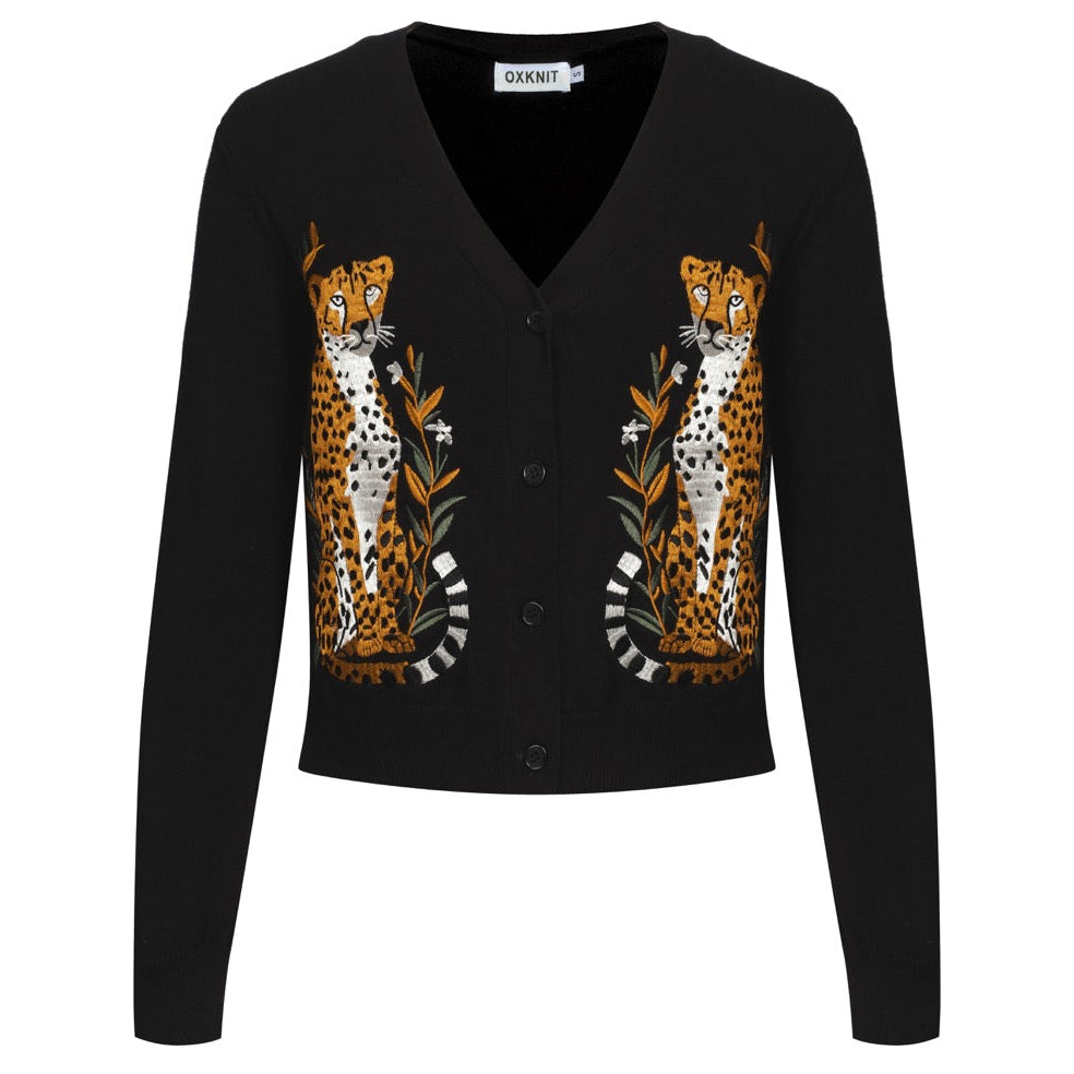 Women's black cheetah embroidered knitted cardigan - cropped