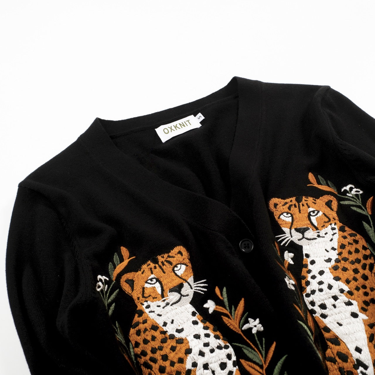Women's black cheetah embroidered knitted cardigan - cropped