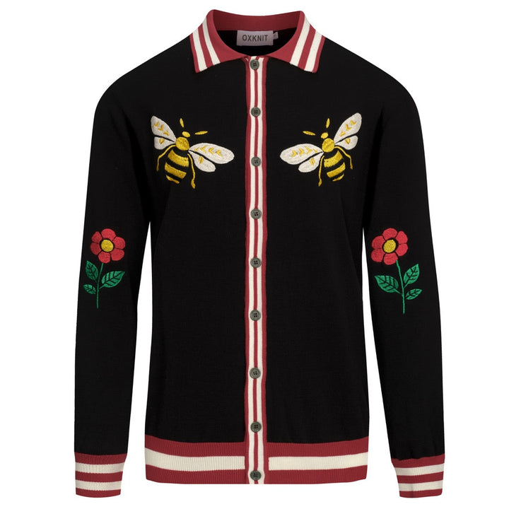 Zwart jacquard gebreid vest voor heren met artistiek retro-design en bijenmotief