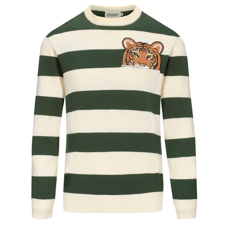 Men's green striped classic embroidery vintage knitwear