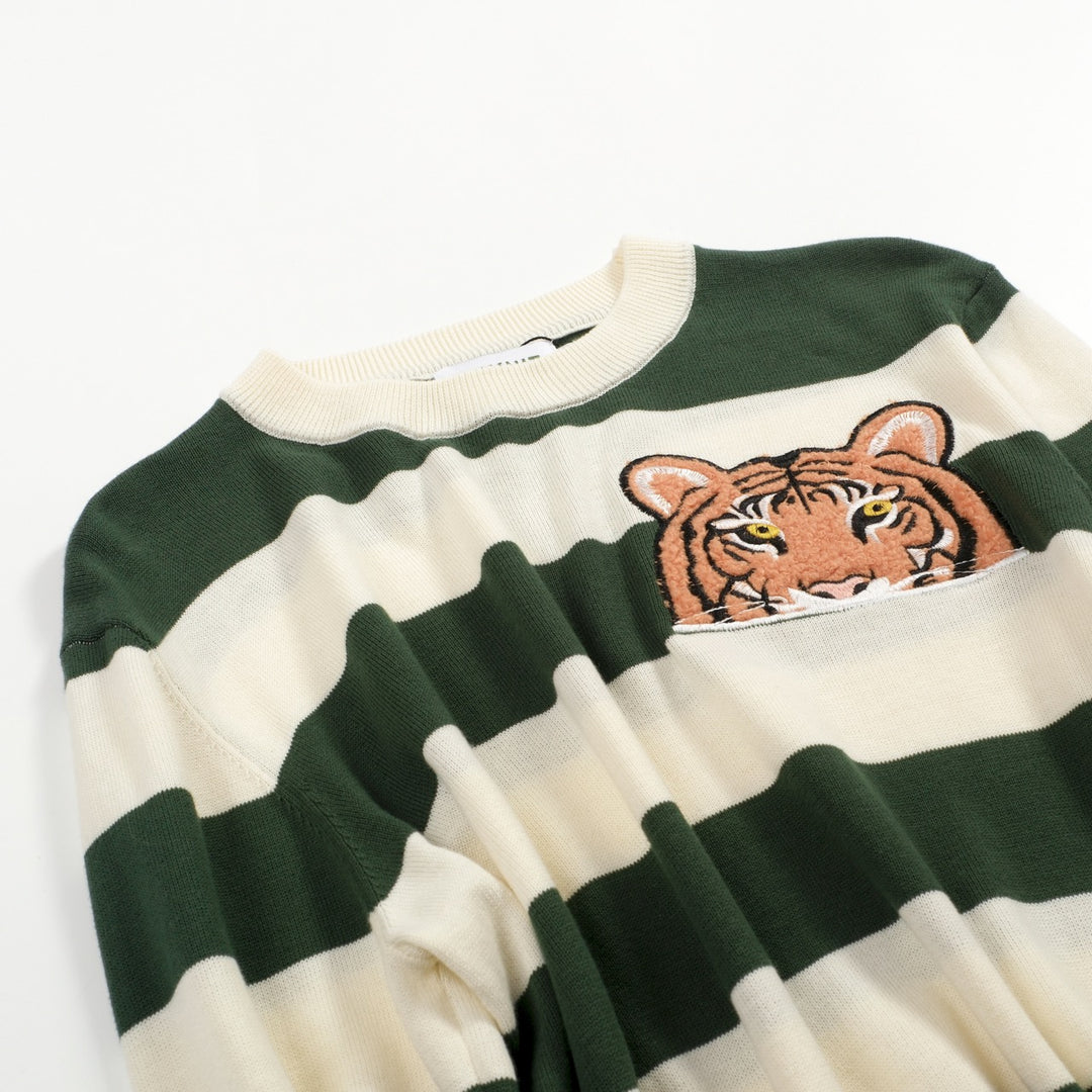 Men's green striped classic embroidery vintage knitwear